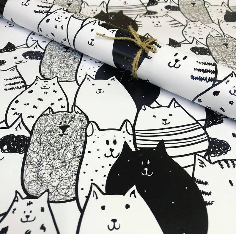 Monochrome Cat Wrapping Paper Sheet 700mm x 500mm Gift Etsy