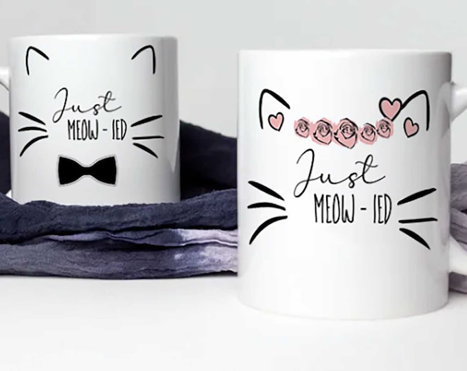 Net getrouwd cadeaus voor paar, huwelijkscadeau voor paar gepersonaliseerde koffiemok, cadeau voor bruiloft mok set meneer en mevrouw Meow-ied