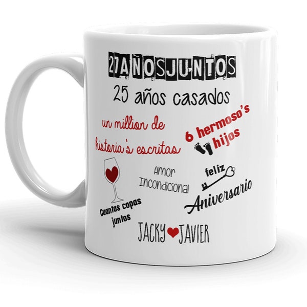 Regalo de Aniversario, Aniversario Taza De Cafe, 25 anos juntos, 50 anos, Personalized to any year, Spanish Anniversary gift