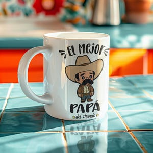 May include: White ceramic mug with a handle, featuring a cartoon illustration of a man in a sombrero and the text "El Mejor Papá del Mundo". The mug is on a blue tiled surface.