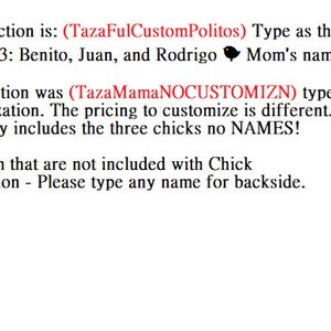 May include: Instructions for customising a product, with examples and specific guidance on entering details. The text is in black and red, with numbered steps and examples for different selection types.