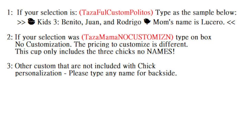 May include: Instructions for customising a product, with examples and specific guidance on entering details. The text is in black and red, with numbered steps and examples for different selection types.