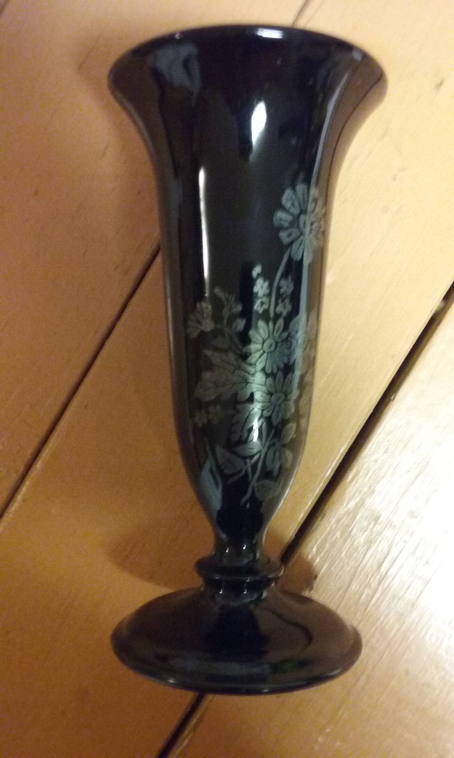 Vintage Black Amethyst Glass 6 Vase With Floral Sterling Silver Overlay