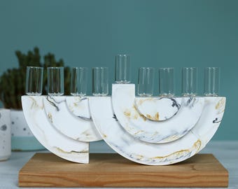 Marble Effect Concrete Hanukkah Menorah, Handmade Unique Candle Holder.