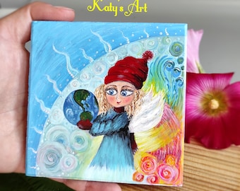 Original Angel of Earth Acrylic Painting on Vintage Tile (10x10cm)