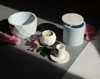 Concrete Gift Set: Geometric Planter, Terrazzo Jewelry Box, Candlestick Holder