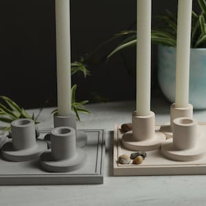 Concrete Candlestick Holder Set with Square Tray: Minimalist Decor