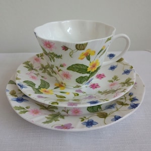Vintage Queens Fine Bone China &#39;Country Meadow&#39; Floral Pattern Teacup Saucer Plate Set. China Trio. Collectors China. China Gift.