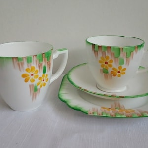 Vintage Melba English Bone China Teacup Saucer Plate Set with Milk Jug or Creamer. Collectors China. China Gift. China Trio. Art Deco Style
