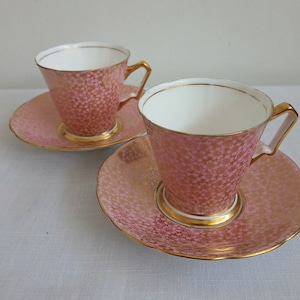 Vintage New Chelsea English China Pink and Gold Floral Pattern Set of Two Coffee or Demitasse Cups and Saucers. Collectors China. China Gift
