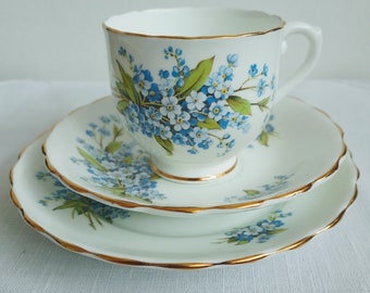Vintage Taylor and Kent Bone China Trio, Blue Forget-Me-Not Floral Pattern