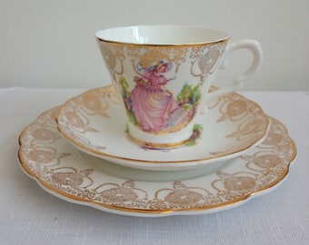 Vintage Ashley Fine Bone China 22kt Gold Pinkie Crinoline Lady Pattern Teacup Saucer and Plate Set. Collectors China Trio. China Gift.