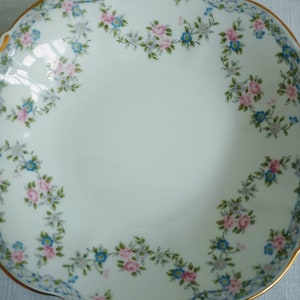 May include: A white porcelain bowl with a scalloped edge and a floral design. The bowl is decorated with pink and blue flowers and green leaves.