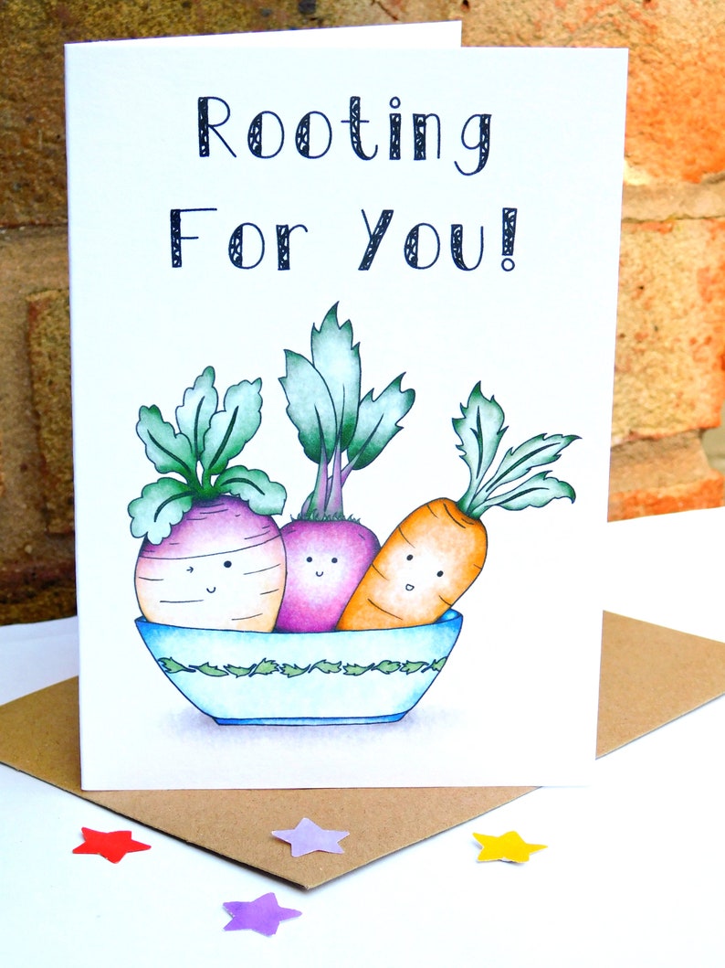 Leaving Job Card Food Pun Card Graduation Card Vegetable Card New Job Card Back To School Card Good Luck Card Rooting For You!