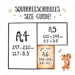 This is a sizing chart to help explain card sizes. My cards are all A6 size, which is 148 by 105 mm or 5.8 by 4.1 inches.