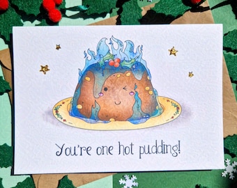 Tarjeta navideña atrevida para pareja, esposa, esposo, novia, novio, tarjeta navideña, juego de palabras navideño divertido, tarjeta navideña hecha a mano con forma de pudín.