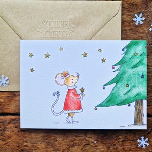 Mouse Christmas Card, Glittery Xmas Tree and Star