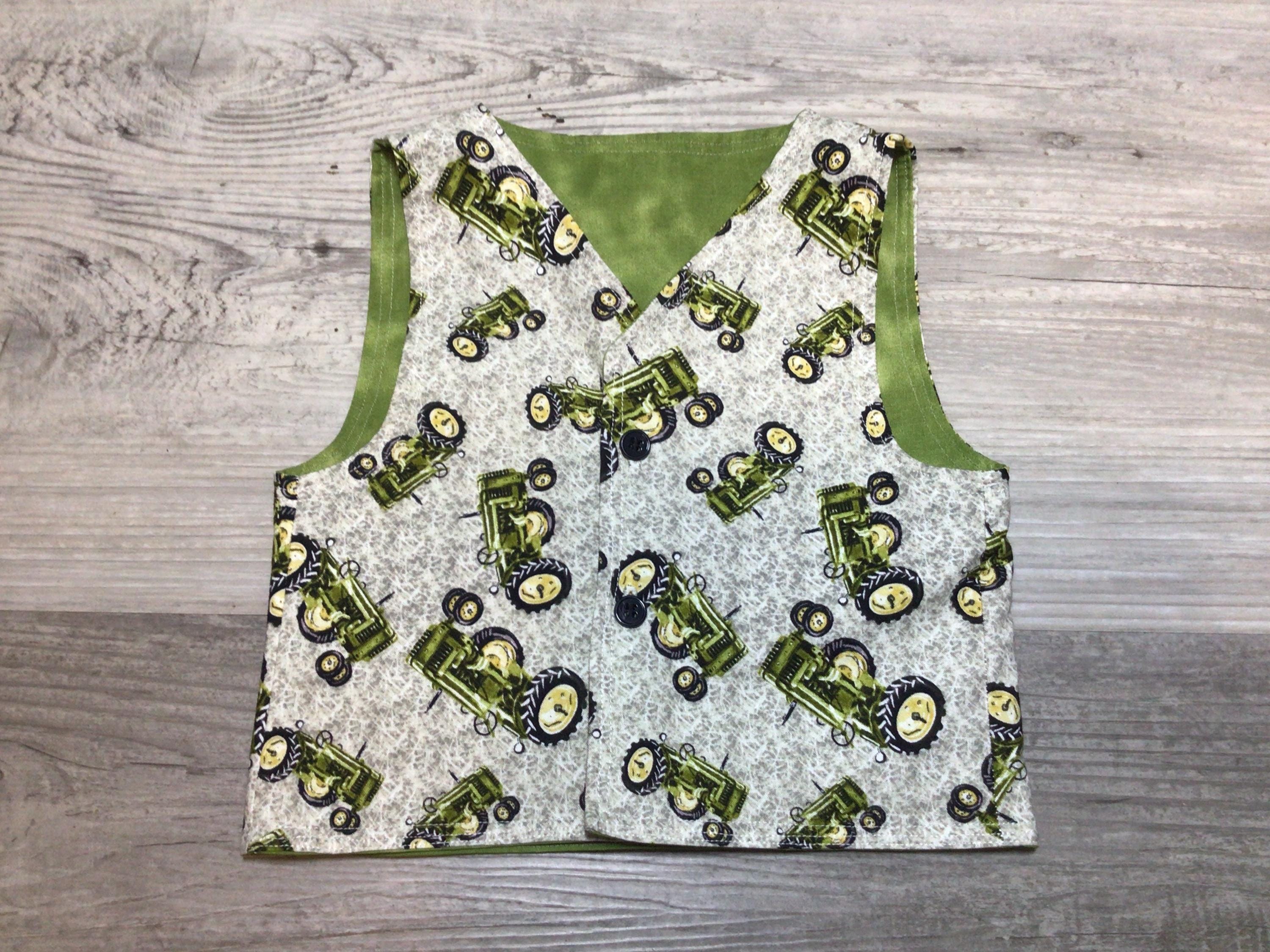 Toddler Vest Made to Order Green Tractors Theme Kids Cotton Waistcoat