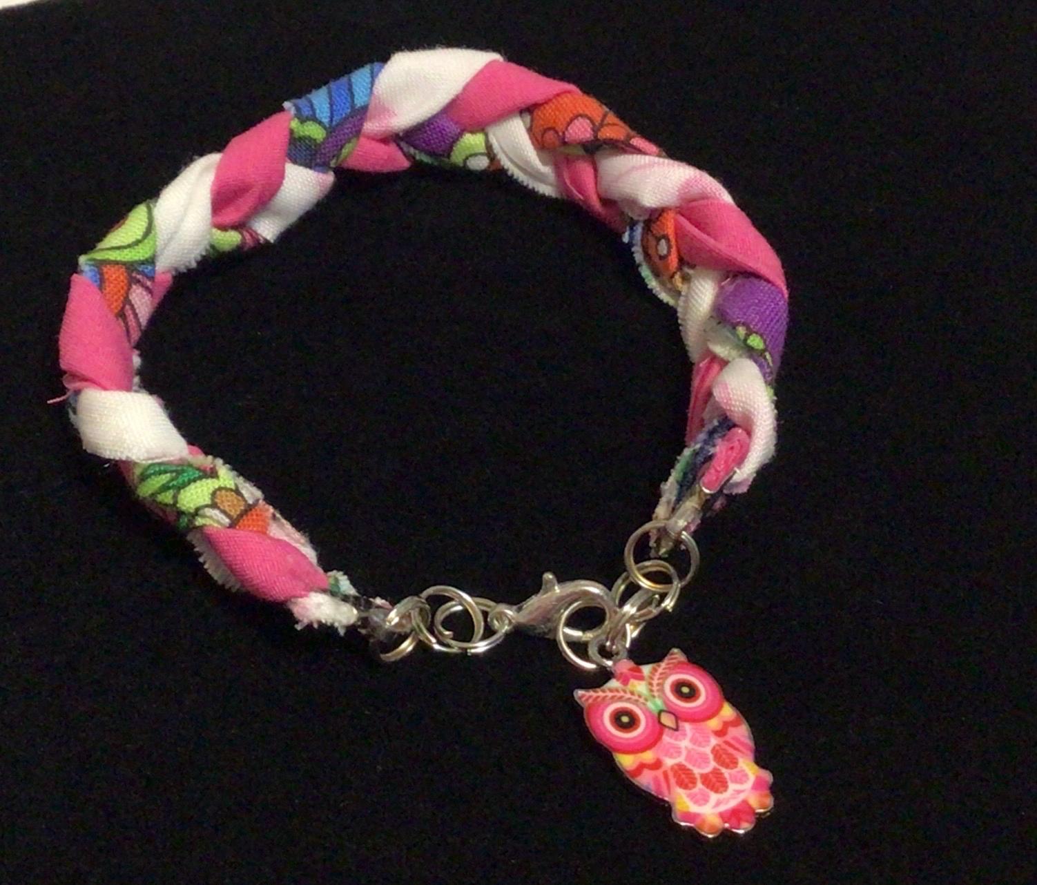 Owl Charm Bracelet,Repurposed Braided Fabric,Upcycled Cloth,Jewelry Gift
