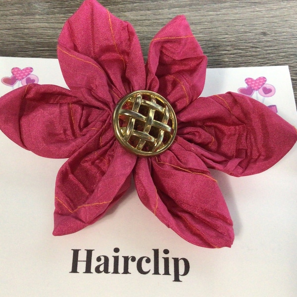 Women’s Hair clip,Pink Fuschia Fabric, Flower Barrette,Gold Button,Girl Hair Accessory,GGShopKids