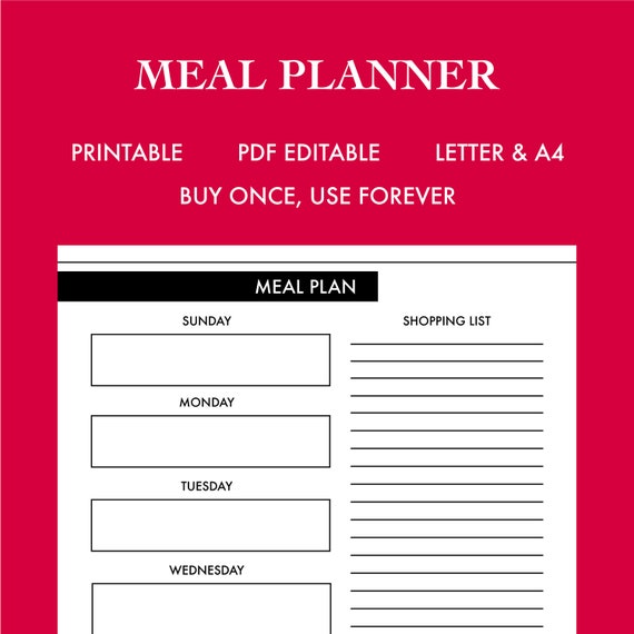 Meal Planner Printable PDF Editable Letter &amp; A4 - Etsy