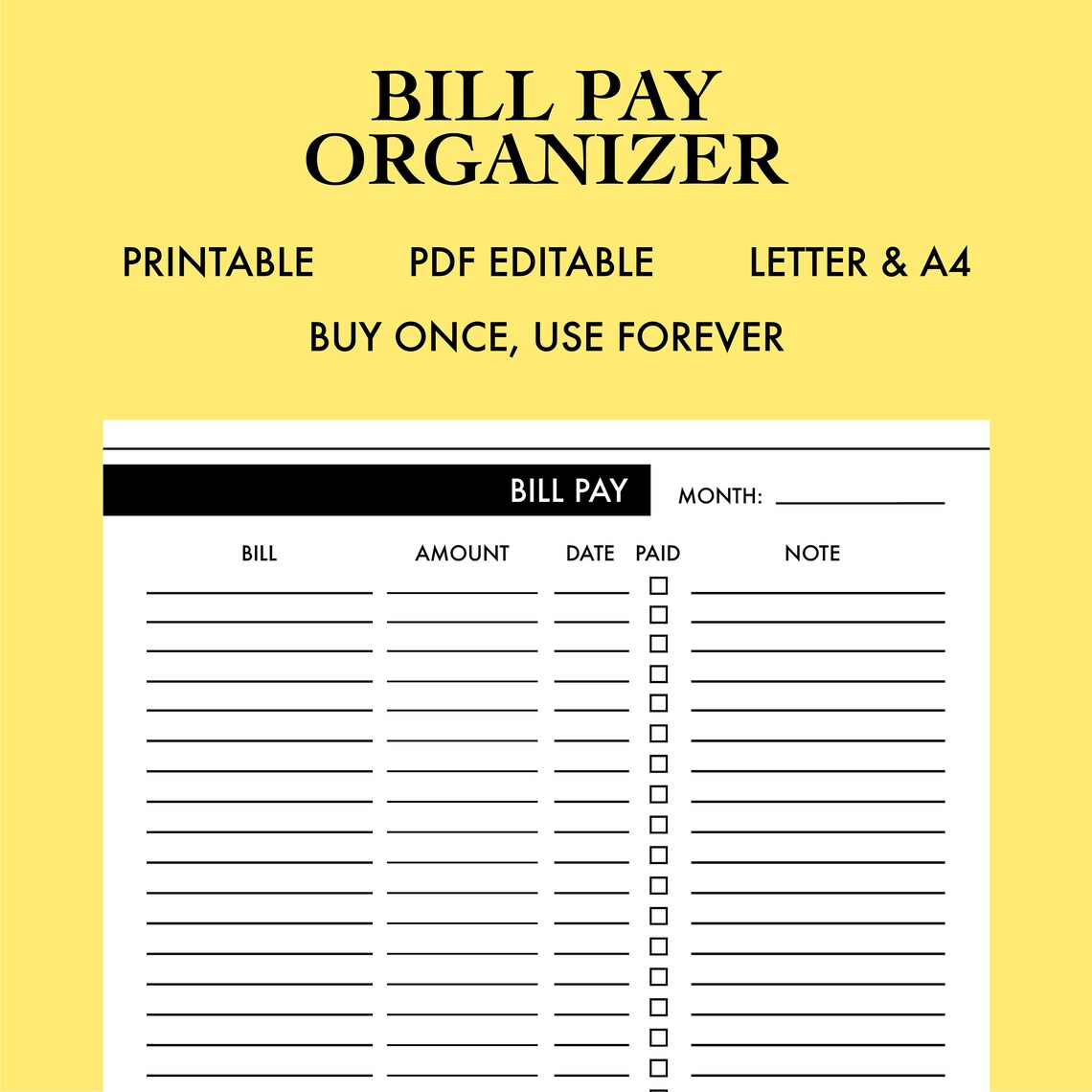 Bill Pay Organizer | Finance | PDF Editable | Letter &amp; A4 - Etsy