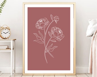 White Peony Line Drawing With Coloured Background|Peony Wall Art|Fashion Art Sketch Print|One Line Drawing|3 Piece Wall Art|Drawing Of Peony