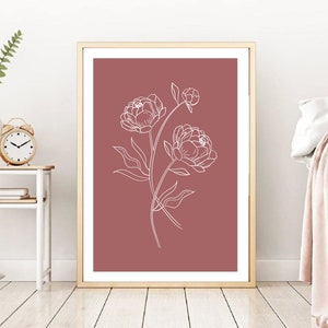 White Peony Line Drawing With Coloured Background|Peony Wall Art|Fashion Art Sketch Print|One Line Drawing|3 Piece Wall Art|Drawing Of Peony