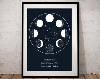 Puede incluir: Un póster imprimible en blanco y negro con un fondo azul oscuro que presenta la constelación de Sagitario y las fases de la luna. El texto dice "Sagitario, 23 de noviembre de 1992, Emma Louise Blackett".
