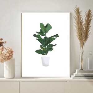 May include: A printable art print featuring a green fiddle leaf fig plant in a white pot on a white background.