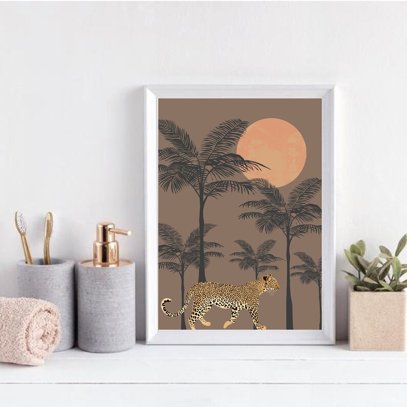 May include: A digital art print featuring a leopard walking through a jungle scene with palm trees and a large orange sun in the background.