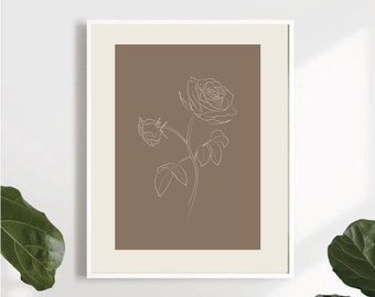 色付きの背景の白いバラの線画 | バラの壁アート | ファッションアートスケッチプリント | 1 本の線画 | 3 ピースの壁アート | バラの絵
