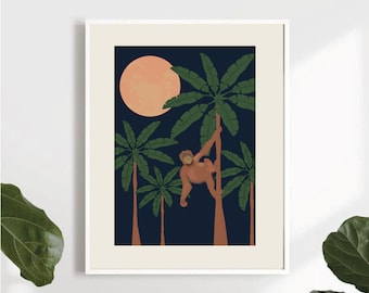 Palm Tree Orangutan Print| Jungle Wall Art| Jungle Orangutan Print| Tropical Art Print| Palm Tree Print| Orangutan Drawing| 3 Piece Wall Art