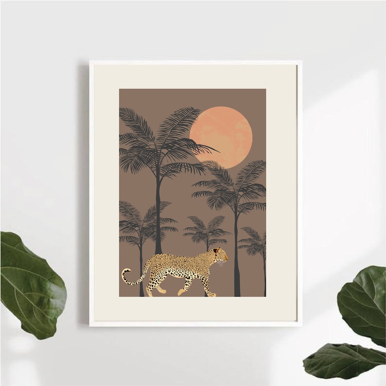 May include: A digital art print featuring a leopard walking through a palm tree forest under a large orange moon. The background is a muted brown color.