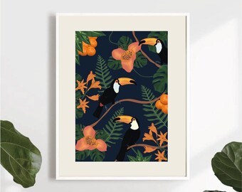 Tropical Toucan Print| Tropical Toucan Wall Art|3 Piece Wall Art|Drawing Of A Toucan| Jungle Leaf Print| Bird Art| Fashion Art Sketch Print