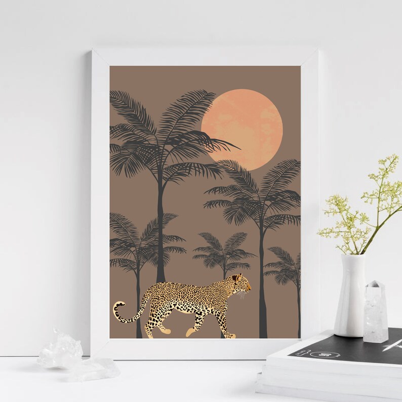 May include: A digital illustration of a leopard walking through a jungle scene with palm trees and a large orange sun in the background. The background is a brown color.