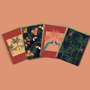 May include: Set of four greeting cards featuring tropical jungle designs. Each card has a different pattern with toucans, peacocks, monkeys, and leopards. The cards have a red background with a brown border.