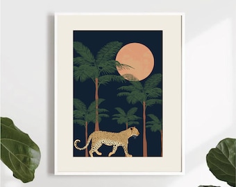 Leopardmönstrad konst | Djungelväggkonst | Leopardväggkonst | Tropiskt konsttryck | Teckning av en leopard | Palmträdstryck | Leopardkonst | Leoparddjur