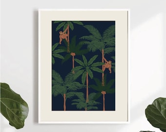Palm Tree Orangutan Print| Jungle Wall Art| Jungle Orangutan Print| Tropical Art Print| Palm Tree Print| Orangutan Drawing| 3 Piece Wall Art