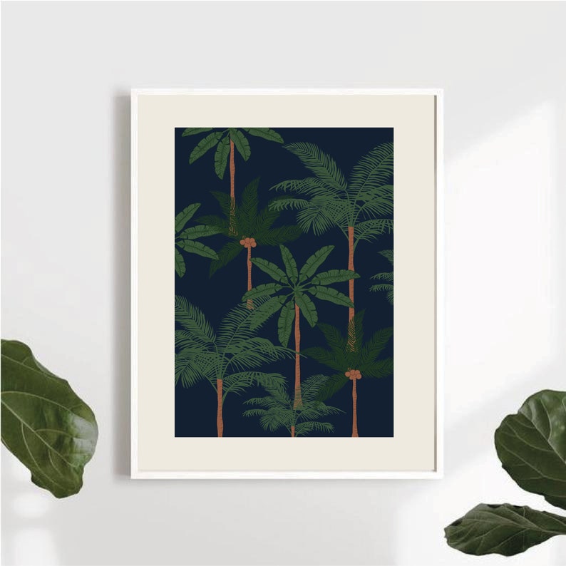 Konsttryck med palmträdsdjungel | Djungelväggkonst | Väggkonst med palmblad | Tropiskt konsttryck | Teckning av ett palmträd | Väggkonst med 3 delar bild 1
