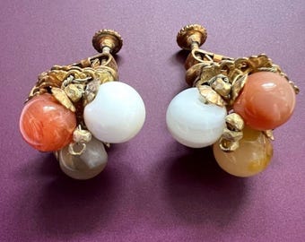 Vintage Miriam Haskell Clip On Earrings Tri-Colored White Coral Topaz Glass Bead Russian Gold