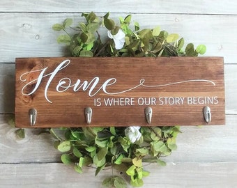 Entryway Key holder, wall hooks, Home Is Where Our Story Begins Sign, Housewarming Gift, Key and leash holder for wall, wedding gift