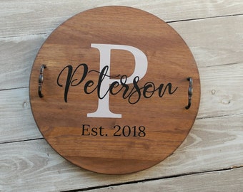 Personalized Round Serving Tray wedding gift, Last Name Wood Tray, Housewarming Gift, Couple Gift