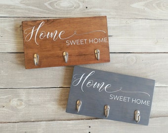 Home sweet home key rack sign, key hooks for wall, housewarming gift, key and leash hanger