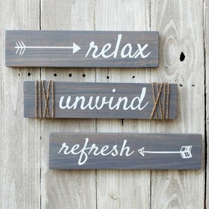 Bathroom Wall Decor, Relax Unwind Refresh Wood Rustic Bathroom Signs, Farmhouse Bathroom