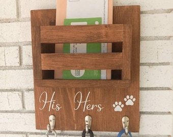 His hers mail key and leash organizer, modern rustic mail and key holder, key and leash rack, housewarming gift