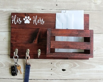 his hers key leash and mail holder for wall, entryway organizer rack, housewarming gift, dog lover gift