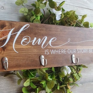 Entryway Key holder, wall hooks, Home Is Where Our Story Begins Sign, Housewarming Gift, Key and leash holder for wall, wedding gift image 2