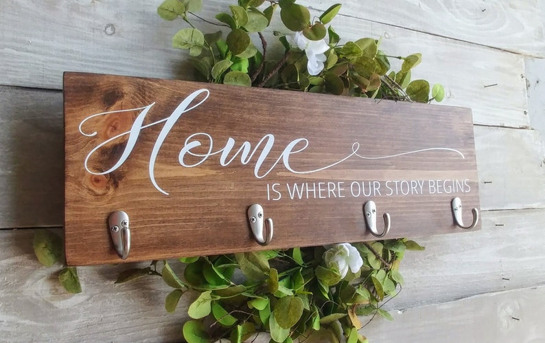 Entryway Key holder, wall hooks, Home Is Where Our Story Begins Sign, Housewarming Gift, Key and leash holder for wall, wedding gift image 2