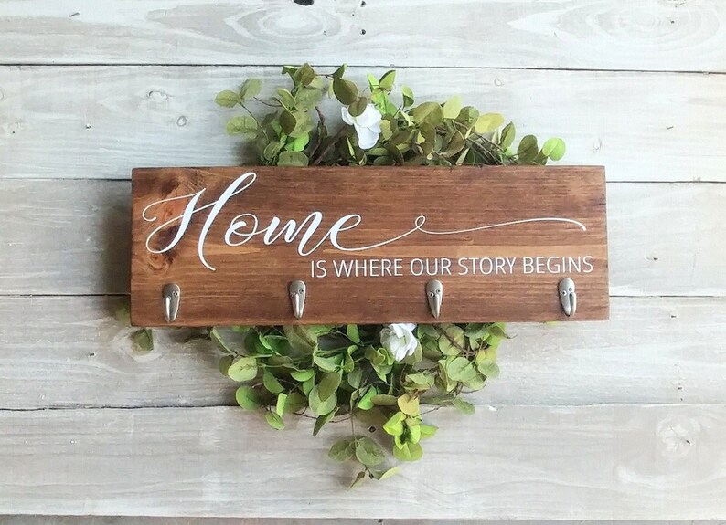 Entryway Key holder, wall hooks, Home Is Where Our Story Begins Sign, Housewarming Gift, Key and leash holder for wall, wedding gift image 1